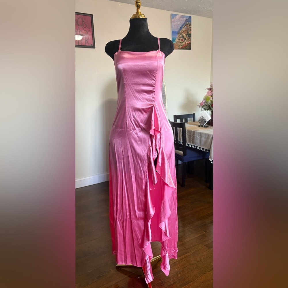 Pink Satin High-Slit Maxi Dress